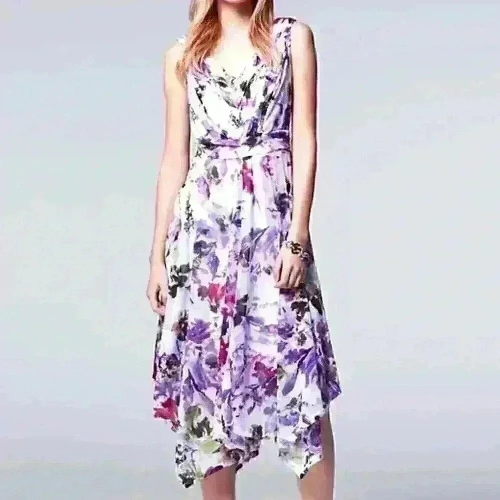 Simply Vera Vera Wang Womens Dress Purple XS Floral Handkerchief Hem Sleeveless